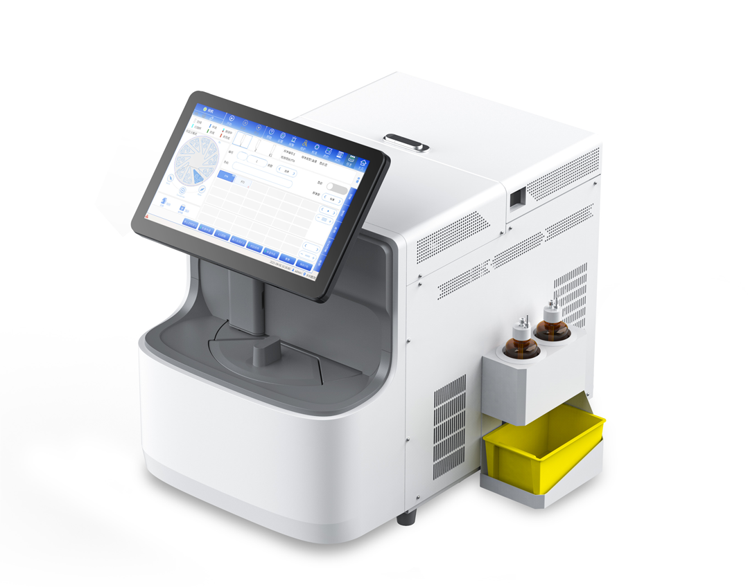 DIALITE CLIA Analyzer front view with labeled components: touch screen, assay cup hopper, power switch, sample and reagent disk, substrate bottles